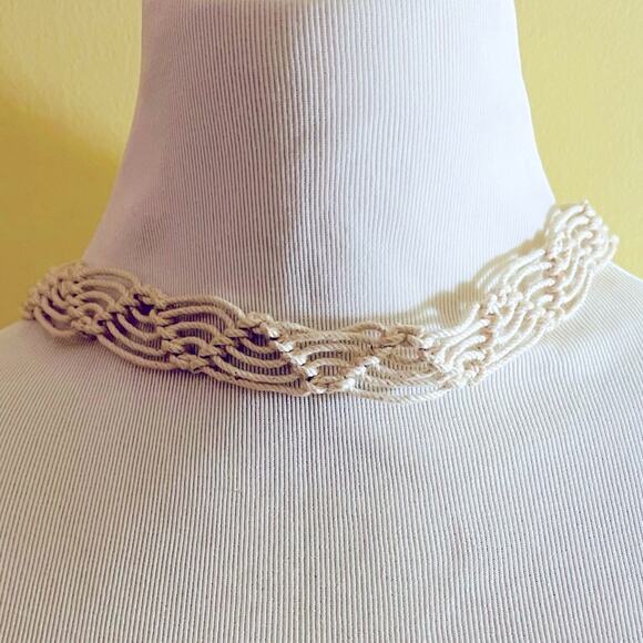 Vintage 70s Macrame Woven Wood Bead Necklace Boho Hippie Bohemian - Picture 5 of 9